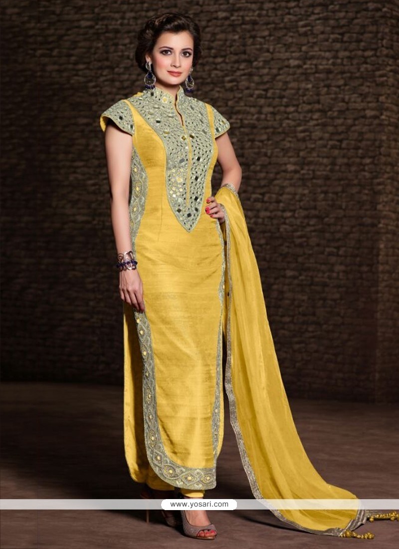 Diya Mirza Yellow Banarasi Silk Churidar Suit