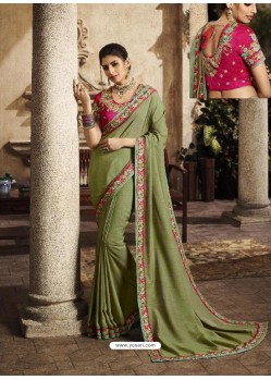 Olive Green Art Silk Embroidery Party Wear Saree