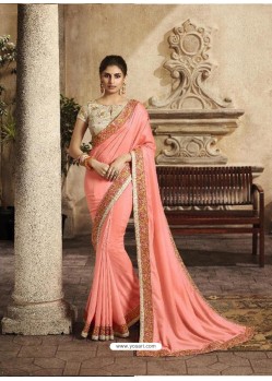 Peach Art Silk Embroidery Party Wear Saree