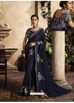 Navy Blue Art Silk Embroidery Party Wear Saree