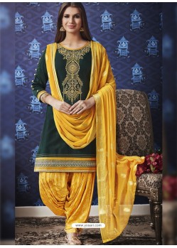 Dark Green And Yellow Jam Silk Cotton Embroidered Salwar Suit