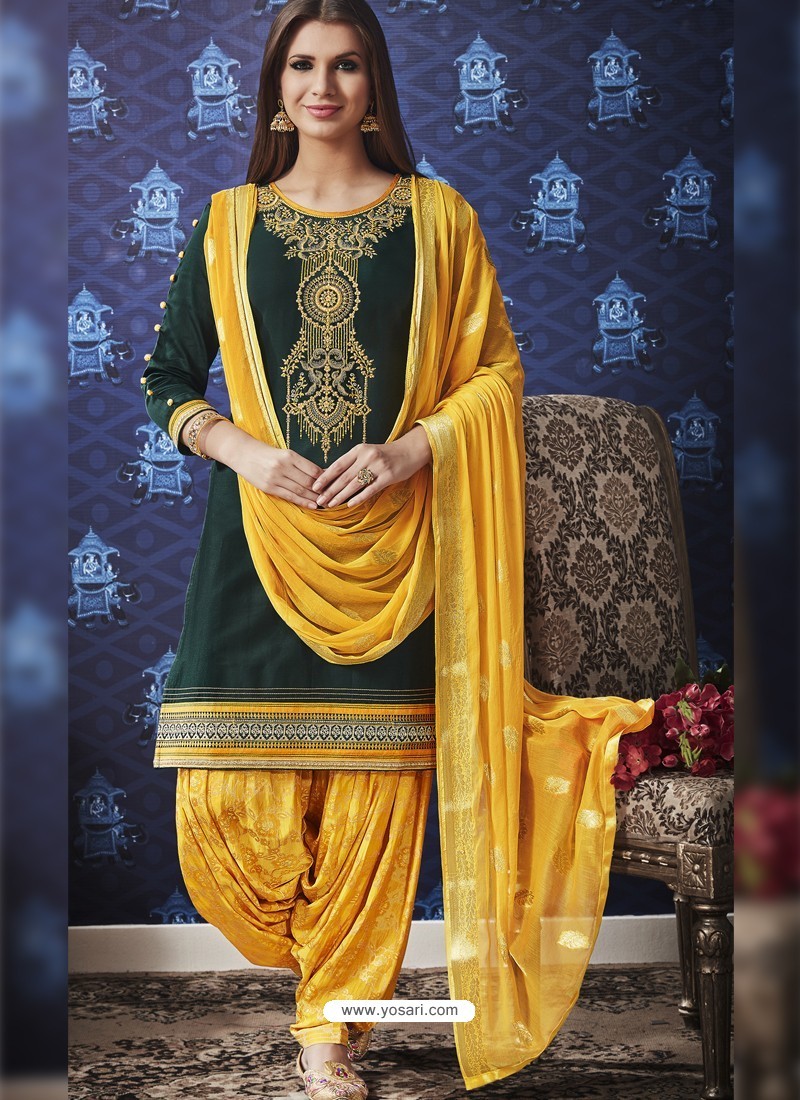 Buy Dark Green And Yellow Jam Silk Cotton Embroidered Salwar Suit ...