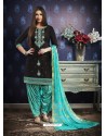 Black And Sky Blue Jam Silk Cotton Embroidered Salwar Suit
