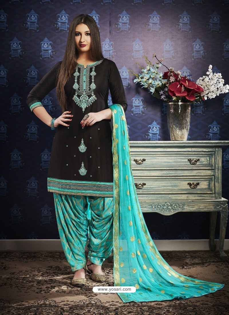Buy Black And Sky Blue Jam Silk Cotton Embroidered Salwar Suit ...