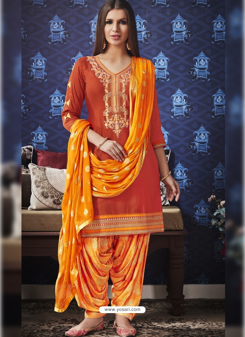 Buy Orange Jam Silk Cotton Embroidered Salwar Suit | Punjabi Patiala Suits