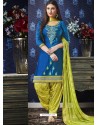 Peacock Blue And Green Jam Silk Cotton Embroidered Salwar Suit