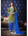 Mehendi And Royal Blue Jam Silk Cotton Embroidered Salwar Suit