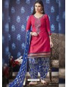 Crimson And Blue Jam Silk Cotton Embroidered Salwar Suit