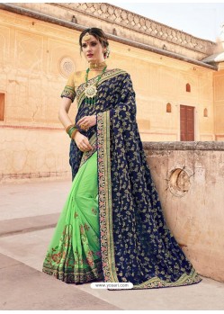 Navy And Green Silk Embroidered Party Wear Saree
