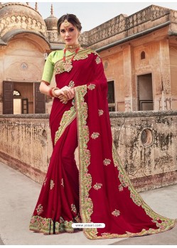 Red Silk Embroidered Party Wear Saree