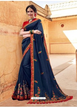 Navy Blue Silk Embroidered Party Wear Saree