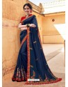 Navy Blue Silk Embroidered Party Wear Saree