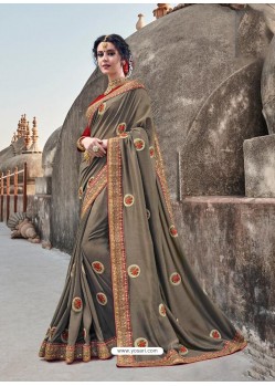 Light Brown Silk Embroidered Party Wear Saree