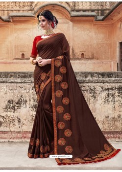Coffee Silk Embroidered Party Wear Saree