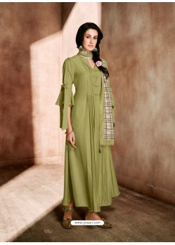 Mehendi Green Maslin Readymade Kurti With Dupatta