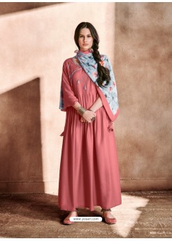 Peach Maslin Readymade Kurti With Dupatta