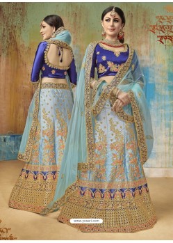 Sky Blue Satin Silk Heavy Embroidered Designer Lehenga Choli