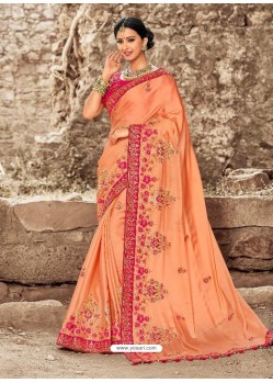 Orange Satin Silk Heavy Embroidered Designer Saree