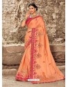 Orange Satin Silk Heavy Embroidered Designer Saree