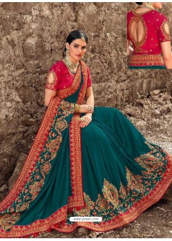 Teal Blue Russian Silk Heavy Embroidered Designer Saree