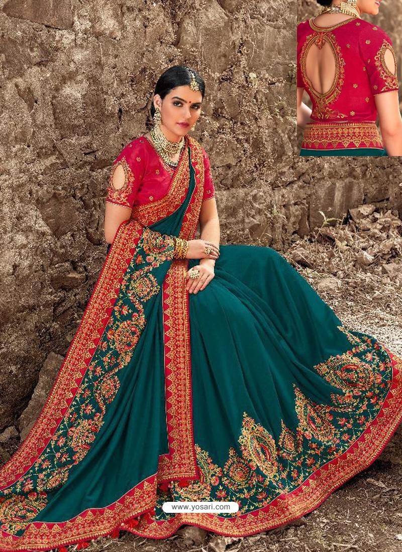 Buy Teal Blue Russian Silk Heavy Embroidered Designer Saree ...