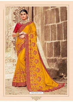 Mustard Satin Silk Heavy Embroidered Designer Saree