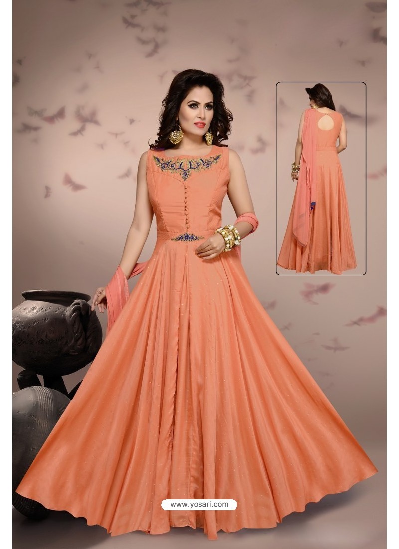 Buy Orange Malai Silk Designer Party Wear Gown | Gowns