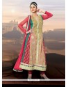 Cream And Pink Embroidery Churidar Suit