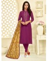 Purple Chanderi Cotton Embroidered Churidar Suit