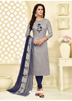 Silver Chanderi Cotton Embroidered Churidar Suit