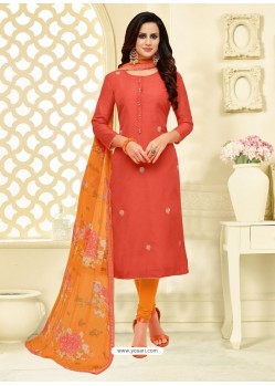 Tomato Red Chanderi Cotton Embroidered Churidar Suit