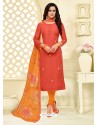 Tomato Red Chanderi Cotton Embroidered Churidar Suit