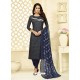 Navy Blue Chanderi Cotton Embroidered Churidar Suit