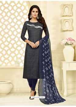 Navy Blue Chanderi Cotton Embroidered Churidar Suit