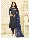 Navy Blue Chanderi Cotton Embroidered Churidar Suit