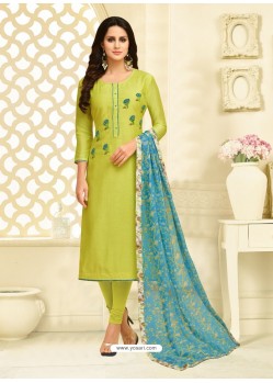 Green Chanderi Cotton Embroidered Churidar Suit