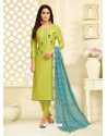 Green Chanderi Cotton Embroidered Churidar Suit