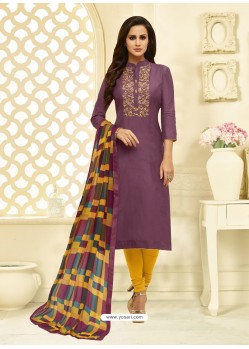 Purple And Yellow Chanderi Cotton Embroidered Churidar Suit