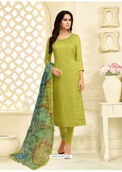 Perfect Green Chanderi Cotton Embroidered Churidar Suit