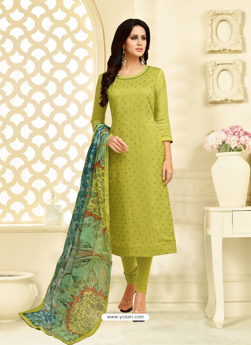Buy Perfect Green Chanderi Cotton Embroidered Churidar Suit | Churidar ...