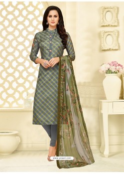 Dull Grey Chanderi Cotton Embroidered Churidar Suit