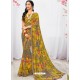 Yellow And Taupe Georgette Printed Saree