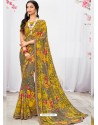 Yellow And Taupe Georgette Printed Saree
