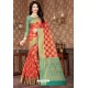 Glowing Red Kota Silk Jacquard Worked Designer Saree