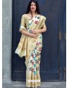 Cream Pure Jamdani Silk Jacquard Worked Designer Saree