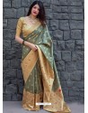 Grayish Green Pure Jamdani Silk Jacquard Worked Designer Saree