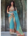 Sky Blue Pure Jamdani Silk Jacquard Worked Designer Saree