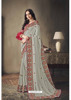 Light Grey Faux Silk Heavy Worked Designer Saree