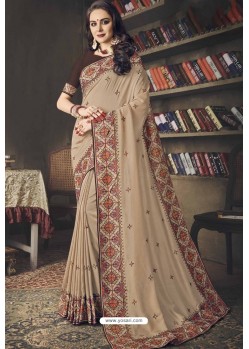 Light Brown Faux Silk Heavy Worked Designer Saree