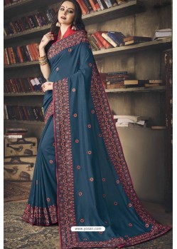 Navy Blue Faux Silk Heavy Worked Designer Saree